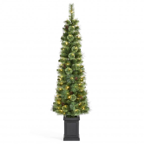 Glitzhome Glitzhome 5ft Pre-Lit Green Cashmere Pine Christmas Porch Tree With Pinecones 90 Warm White/Multi-color Lights 9 Function W/Remote Control