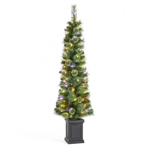 glitzhome Glitzhome 5ft Pre-Lit Green Cashmere Pine Christmas Porch Tree With pinecones 90 Warm White/Multi-color Lights 9 Function w/Remote control