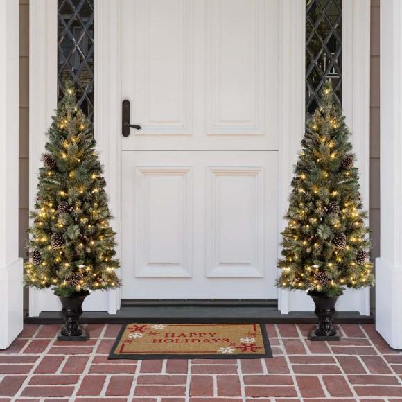 Glitzhome Glitzhome 5ft Pre-Lit Green Flocked Pine Artificial Christmas Porch Tree With 130 Warm White Lights Set Of 2