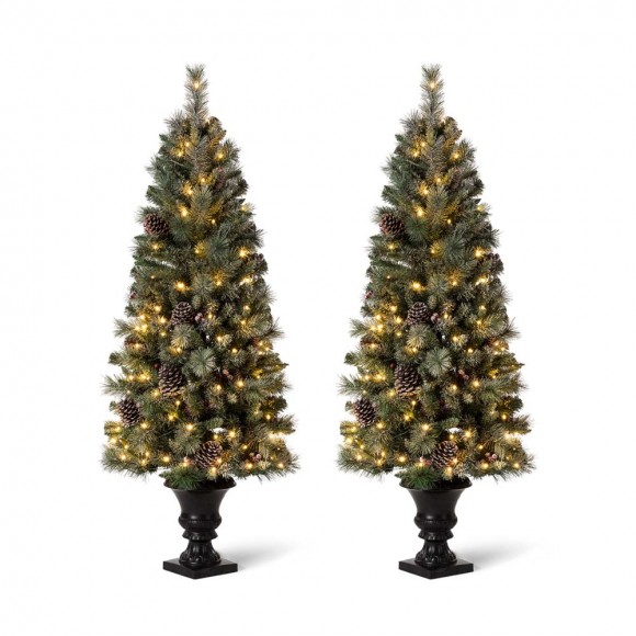 Glitzhome Glitzhome 5ft Pre-Lit Green Flocked Pine Artificial Christmas Porch Tree With 130 Warm White Lights Set Of 2