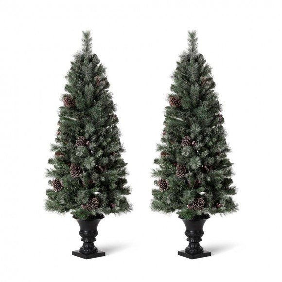 glitzhome Glitzhome 5ft Pre-Lit Green Flocked Pine Artificial Christmas Porch Tree with 130 Warm White Lights Set of 2