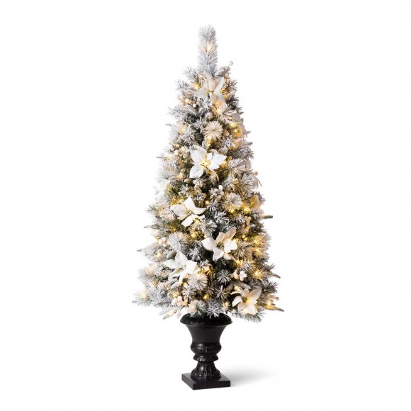 Glitzhome Glitzhome 5ft Pre-Lit Pine Artificial Christmas Porch Tree With 150 Warm White Lights And Poinsettias