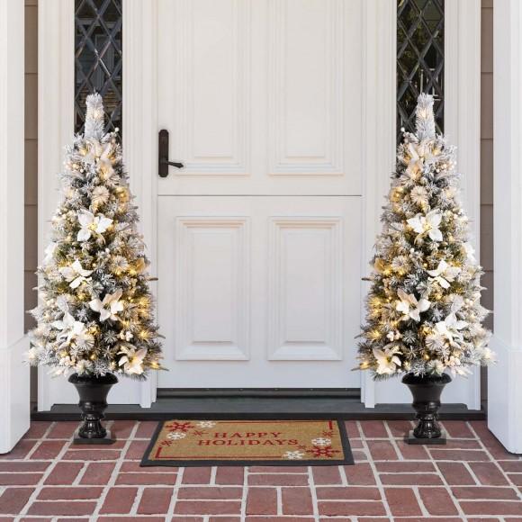 Glitzhome Glitzhome 5ft Pre-Lit Pine Artificial Christmas Porch Tree With 150 Warm White Lights And Poinsettias Set Of 2