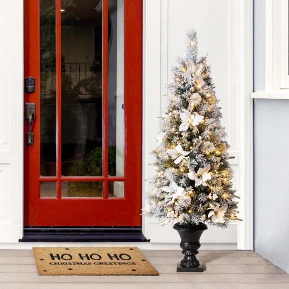Glitzhome Glitzhome 5ft Pre-Lit Pine Artificial Christmas Porch Tree With 150 Warm White Lights And Poinsettias Set Of 2
