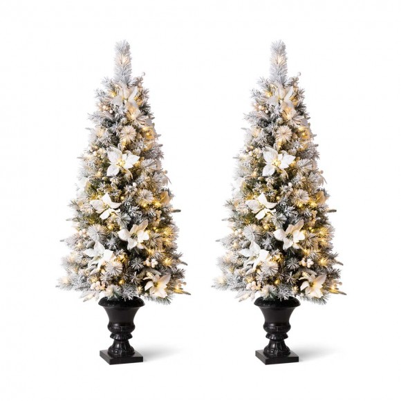 Glitzhome Glitzhome 5ft Pre-Lit Pine Artificial Christmas Porch Tree With 150 Warm White Lights And Poinsettias Set Of 2