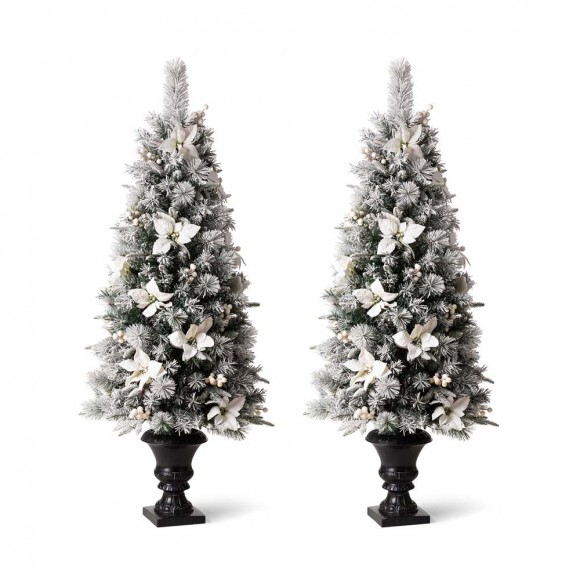 glitzhome Glitzhome 5ft Pre-Lit Pine Artificial Christmas Porch Tree with 150 Warm White Lights and Poinsettias Set of 2