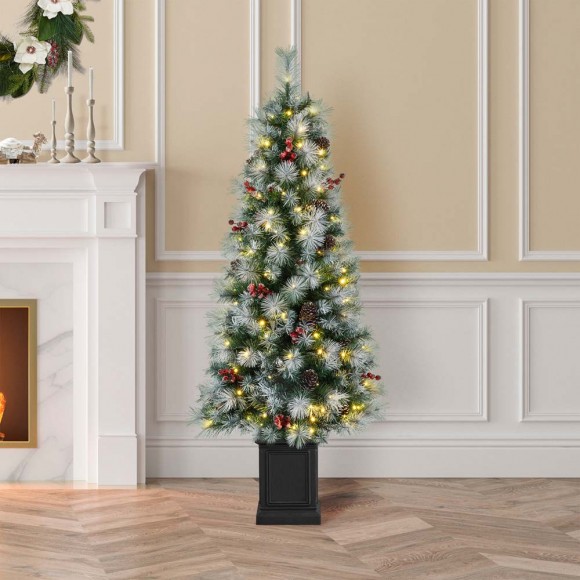 Glitzhome Glitzhome 5ft Pre-Lit Pine Artificial Christmas Porch Tree With 150 Warm White Lights Pinecones And Red Berries