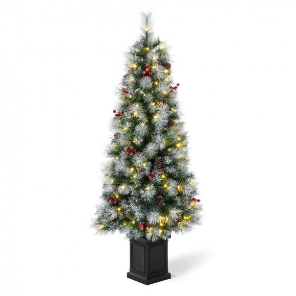 glitzhome Glitzhome 5ft Pre-Lit Pine Artificial Christmas Porch Tree with 150 Warm White Lights Pinecones and Red Berries