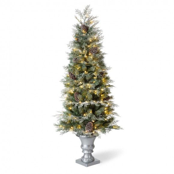 glitzhome Glitzhome 5ft Pre-Lit Pine Artificial Christmas Porch Tree with 180 Warm White Lights and Pinecones