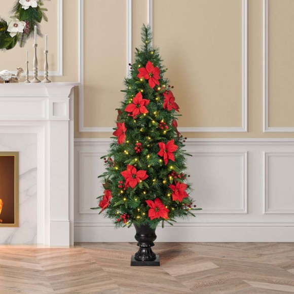 Glitzhome Glitzhome 5ft Pre-Lit Pine Artificial Christmas Porch Tree With 150 Warm White Lights Poinsettia And Red Berries