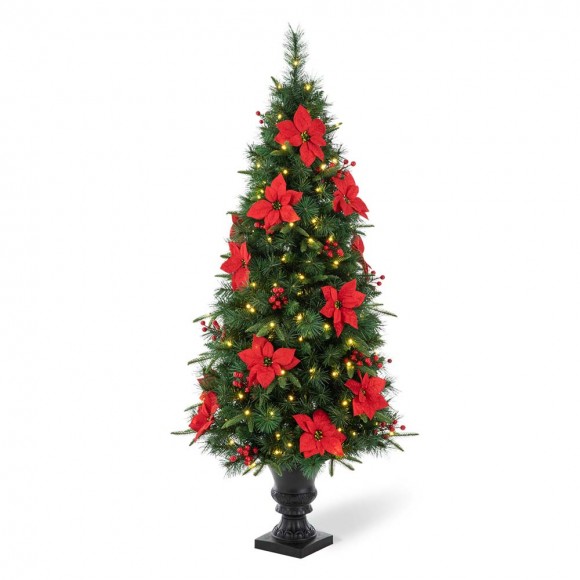 glitzhome Glitzhome 5ft Pre-Lit Pine Artificial Christmas Porch Tree with 150 Warm White Lights Poinsettia and Red Berries