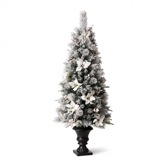 glitzhome Glitzhome 5ft Pre-Lit Pine Artificial Christmas Porch Tree with 150 Warm White Lights and Poinsettias