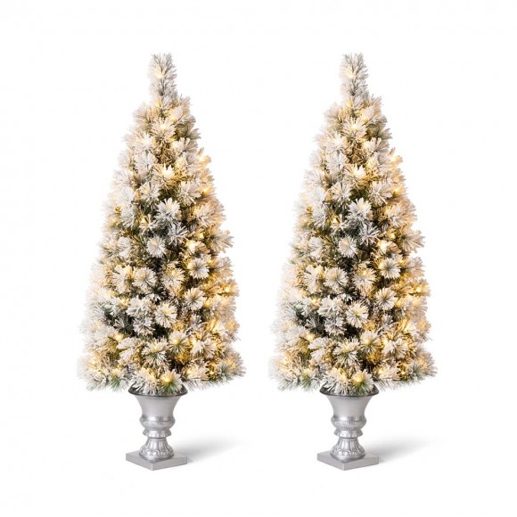 glitzhome Glitzhome 5ft Pre-Lit Snow Flocked Pine Artificial Christmas Porch Tree with 150 Warm White Lights Set of 2