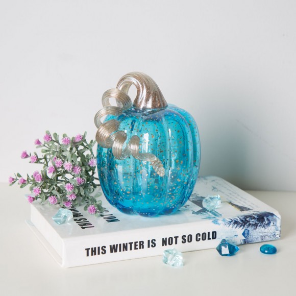 Glitzhome Glitzhome 6.1"H Hand Blown Blue Glitter Glass Pumpkin Decor