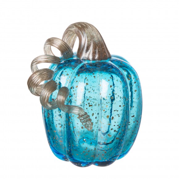 glitzhome Glitzhome 6.1"H Hand Blown Blue Glitter Glass Pumpkin Decor