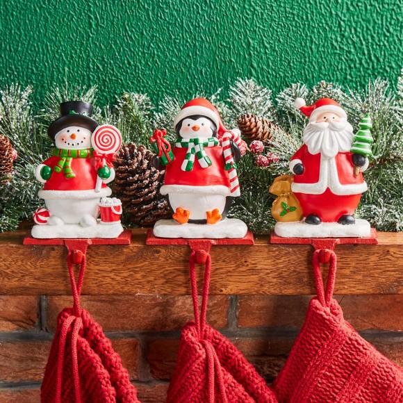 Glitzhome Glitzhome 6.5"H Resin Santa Snowman Penguin Stocking Holders Set Of 3