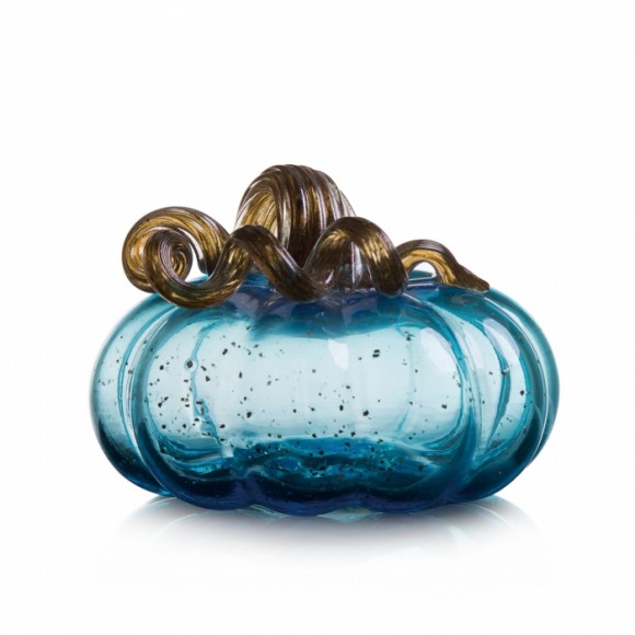 glitzhome Glitzhome 6.69"D Hand Blown Blue Glitter Glass Pumpkin Decor
