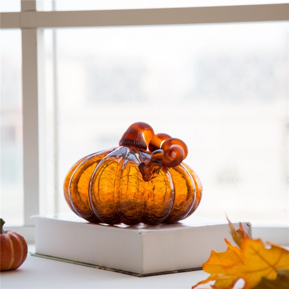 Glitzhome Glitzhome 6.69"L Hand Blown Amber Crackle Glass Pumpkin Decor