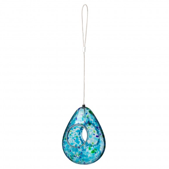 Glitzhome Glitzhome 6.75"H Glass Water Drop Hanging Blue Dots Birdfeeder