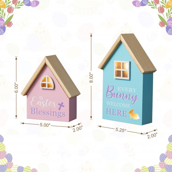 Glitzhome Glitzhome 6"/8"H Set Of 2 Lighted Easter Wooden House-shaped Table Decor
