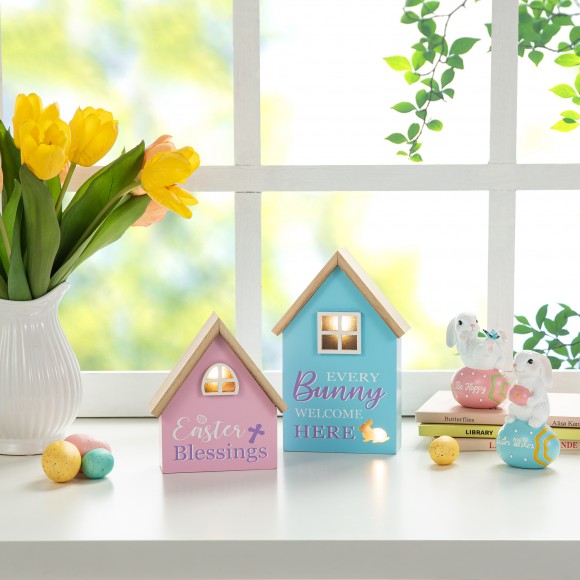 Glitzhome Glitzhome 6"/8"H Set Of 2 Lighted Easter Wooden House-shaped Table Decor