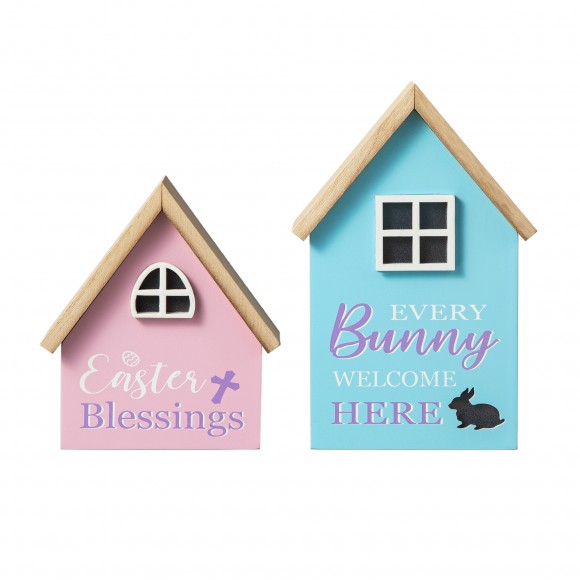 Glitzhome Glitzhome 6"/8"H Set Of 2 Lighted Easter Wooden House-shaped Table Decor