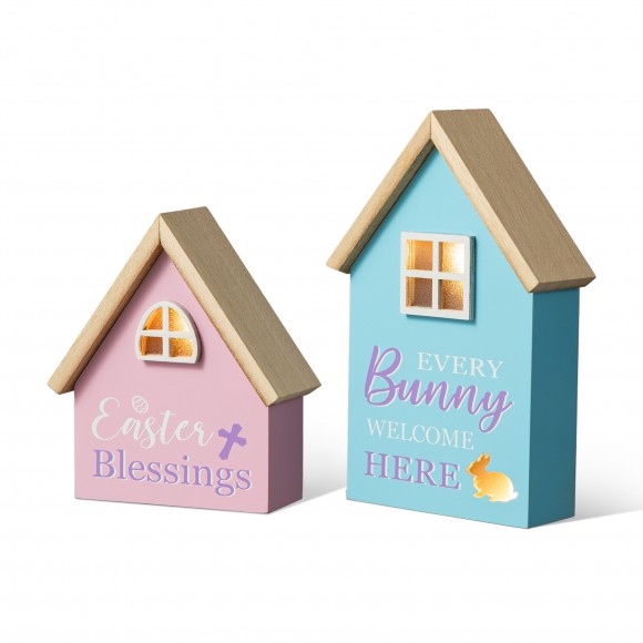 glitzhome Glitzhome 6"/8"H Set of 2 Lighted Easter Wooden House-shaped Table Decor