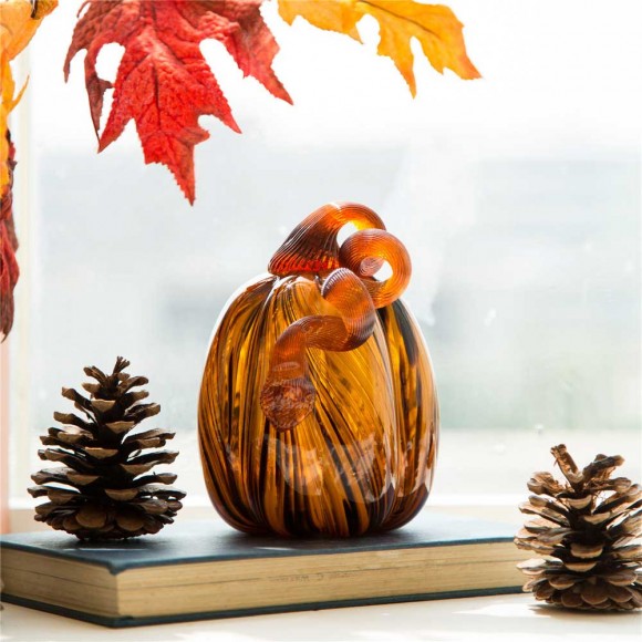 Glitzhome Glitzhome 6" H Hand Blown Striped Glass Pumpkin Table Decor