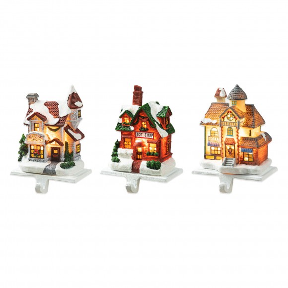 glitzhome Glitzhome 6"H Set of 3 Lighted Resin House Stocking Holders