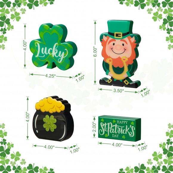 Glitzhome Glitzhome 6"H Set Of 4 St Patrick's Epoxy Wooden Shamrock & Pot Of Gold & Leprechaun Table Decor