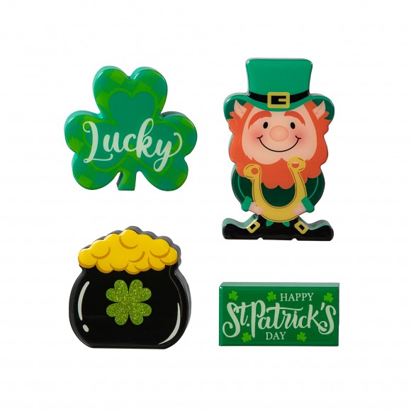 Glitzhome Glitzhome 6"H Set Of 4 St Patrick's Epoxy Wooden Shamrock & Pot Of Gold & Leprechaun Table Decor
