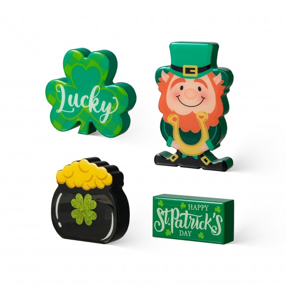 glitzhome Glitzhome 6"H Set of 4 St Patrick's Epoxy Wooden Shamrock & Pot of Gold & Leprechaun Table Decor