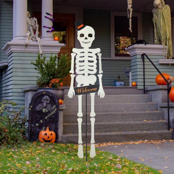Glitzhome Glitzhome 60"H Halloween WELCOME Metal Dangling Skeleton Yard Stake( KD Two Function)