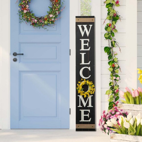 Glitzhome Glitzhome 60"H Wooden Black WELCOME Porch Sign With 4 Interchangeable Wreathes（Spring/Patriotic/Fall/Christmas）