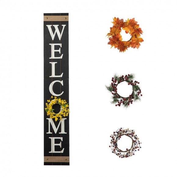 glitzhome Glitzhome 60"H Wooden Black WELCOME Porch Sign With 4 Interchangeable Wreathes（Spring/Patriotic/Fall/Christmas）