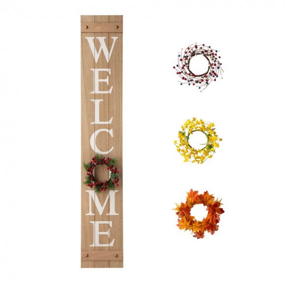 Glitzhome Glitzhome 60"H Wooden Brown WELCOME Porch Sign With 4 Interchangeable Wreathes（Spring/Patriotic/Fall/Christmas）