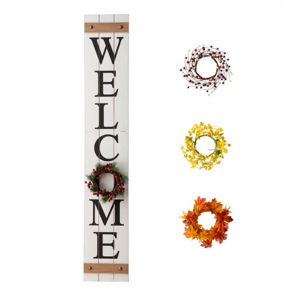 Glitzhome Glitzhome 60"H Wooden White WELCOME Porch Sign With 4 Interchangeable Wreathes（Spring/Patriotic/Fall/Christmas）