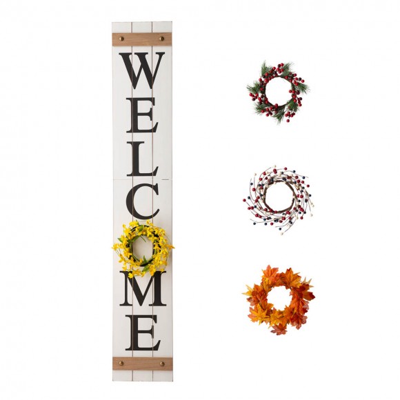 glitzhome Glitzhome 60"H Wooden White WELCOME Porch Sign With 4 Interchangeable Wreathes（Spring/Patriotic/Fall/Christmas）