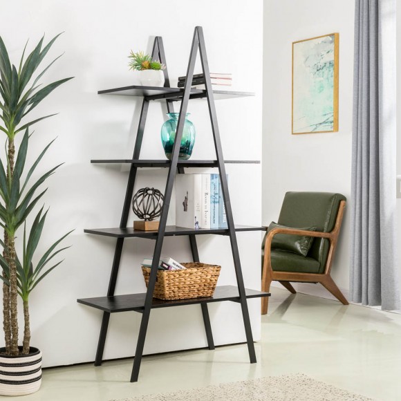 Glitzhome Glitzhome 64.5"H Modern Industrial Black Oak Melamine 4-Tier Leaning Bookcases & Ladder Shelves