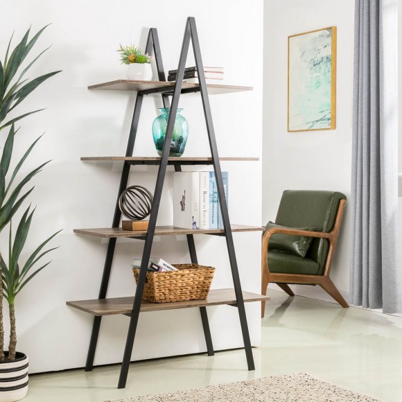 Glitzhome Glitzhome 64.5"H Modern Industrial Rustic Oak Melamine 4-Tier Leaning Bookcases & Ladder Shelves