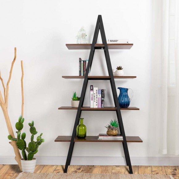 Glitzhome Glitzhome 64.57"H Brown Metal/Wooden 4-Tier Bookcases And Ladder Shelf