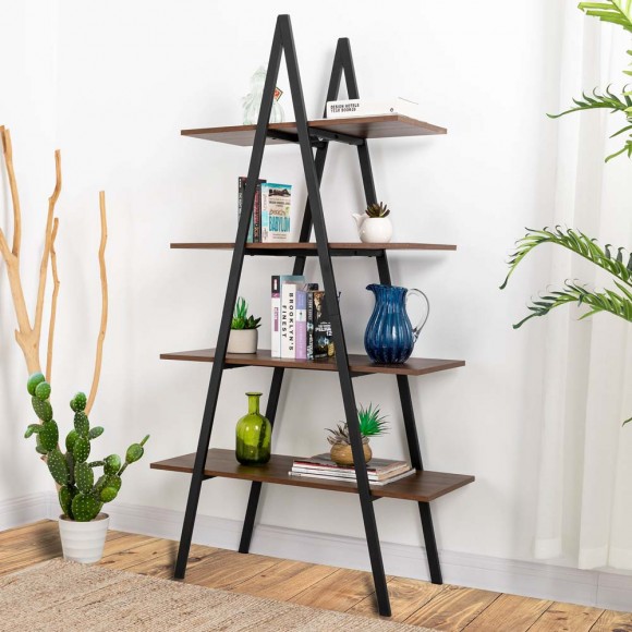 Glitzhome Glitzhome 64.57"H Brown Metal/Wooden 4-Tier Bookcases And Ladder Shelf