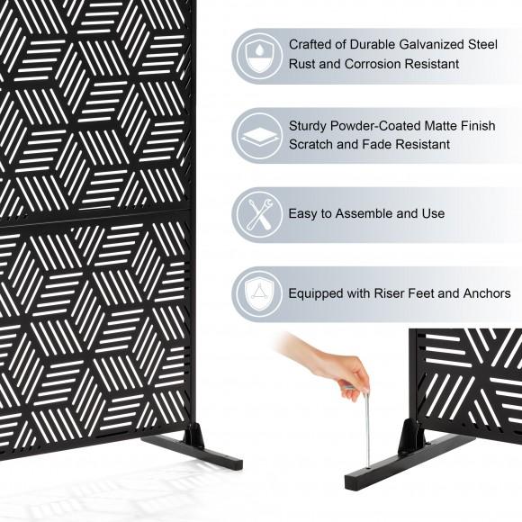 Glitzhome Glitzhome 6ft Black Galvanized Steel Geometric Pattern Privacy Screen Fence Panel Room Divider With Riser Feet