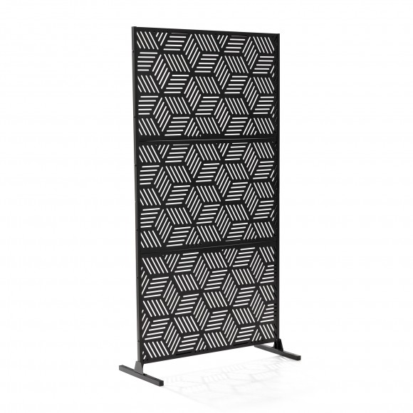 glitzhome Glitzhome 6ft Black Galvanized Steel Geometric Pattern Privacy Screen Fence Panel Room Divider with Riser Feet