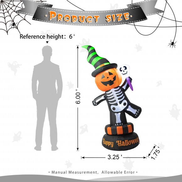 Glitzhome Glitzhome 6FT Lighted Halloween Jack-O-Lantern Skeleton Rotating Inflatable Decor