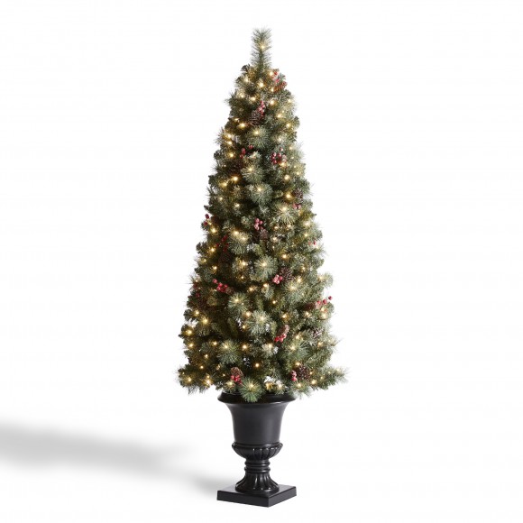 glitzhome Glitzhome 6ft Pre-Lit Frosted Pine Cones and Red Berries Christmas Porch Tree with 200 Warm White Lights