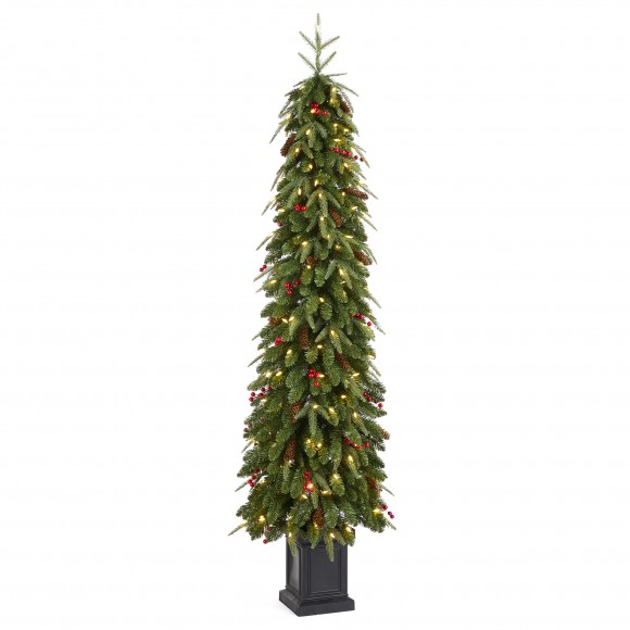 glitzhome Glitzhome 6ft Pre-lit Green Artificial Christmas Porch Tree with red berries pinecones and 180 warm white lights 3 function w/Foot Pedal