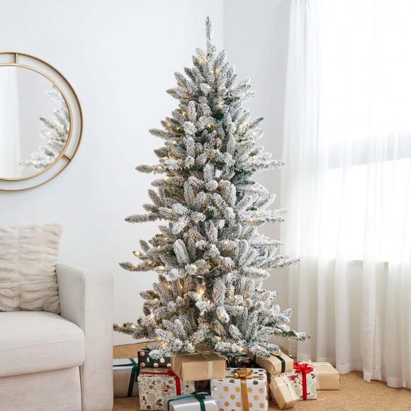 Glitzhome Glitzhome 6ft Pre-Lit Snow Flocked Slim Fir Artificial Christmas Tree With 300 Warm White Lights