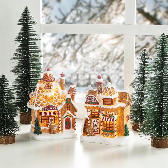 Glitzhome Glitzhome 7.25"H Set Of 2 Lighted Resin Christmas Gingerbread House Table Decor