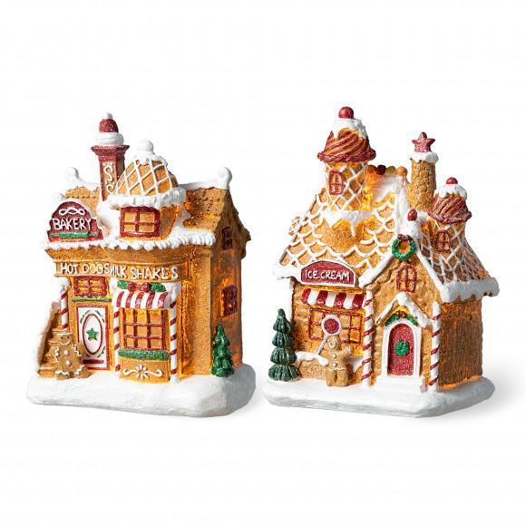 glitzhome Glitzhome 7.25"H Set of 2 Lighted Resin Christmas Gingerbread House Table Decor